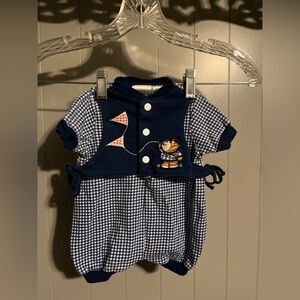 Vintage baby bubble outfit blue gingham /checkered with bear embroidery